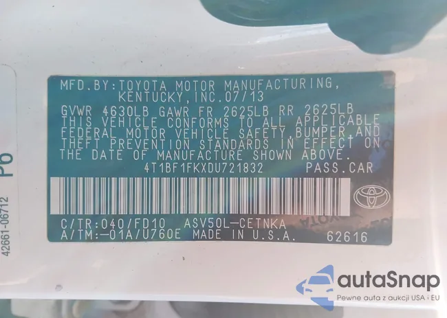 4T1BF1FKXDU721832: 43601623