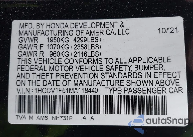 1HGCV1F51MA118440: 43603703