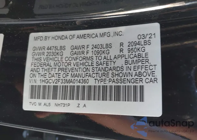 1HGCV2F33MA014360: 43603154