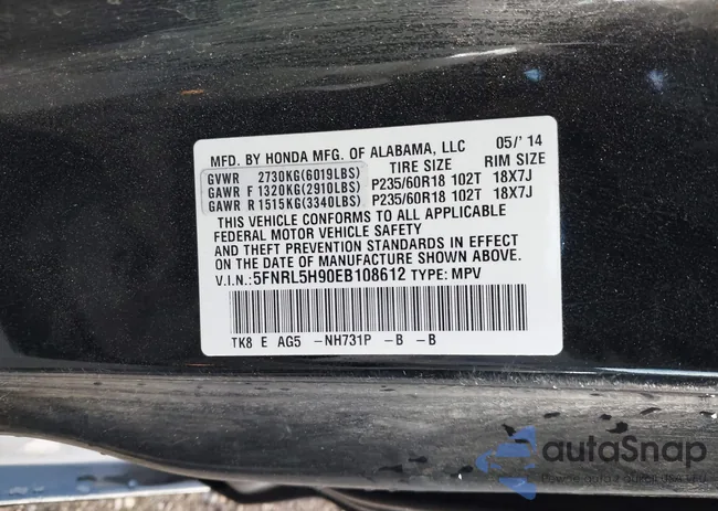 5FNRL5H90EB108612: 43604341