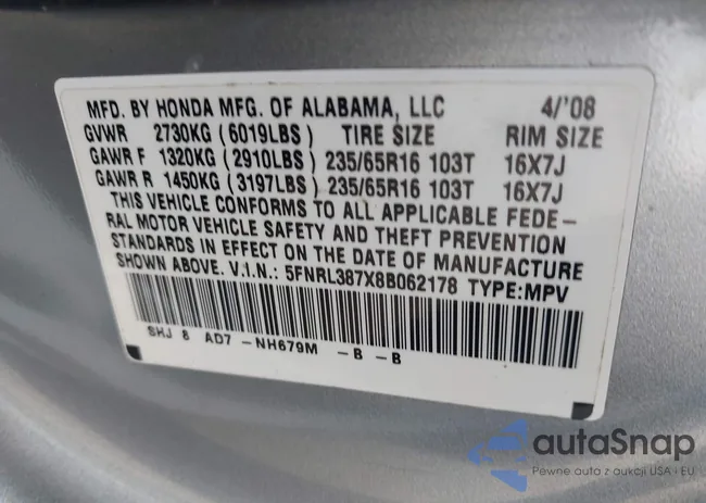 5FNRL387X8B062178: 43603926