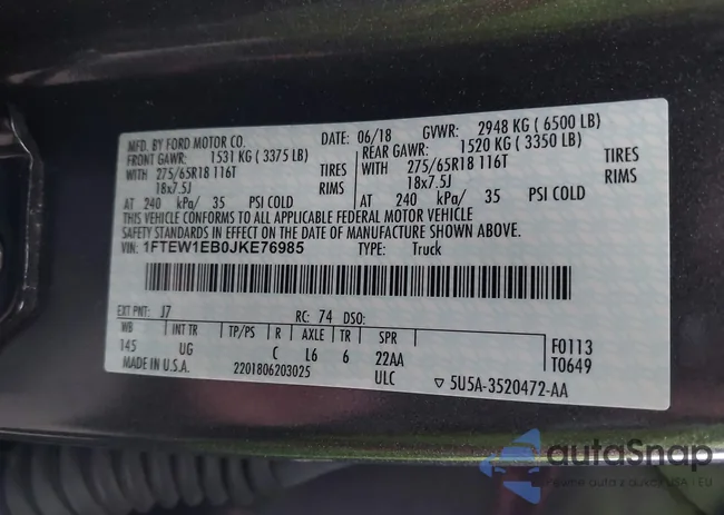 1FTEW1EB0JKE76985: 43605306