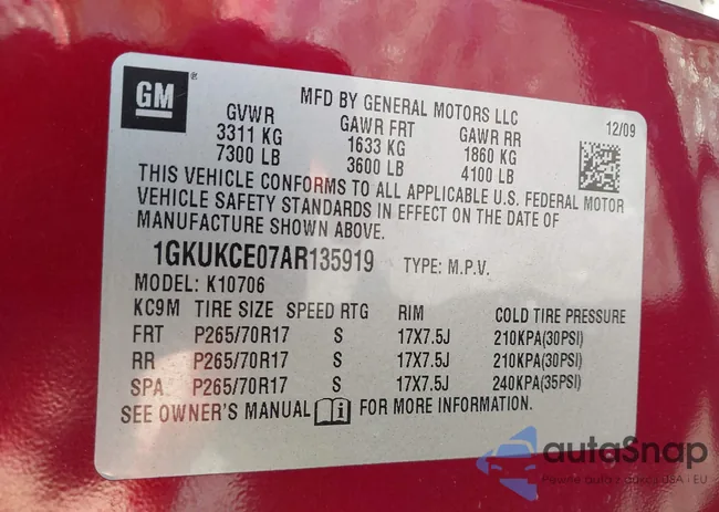 1GKUKCE07AR145919: 43605528