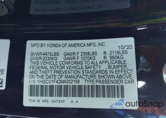 1HGCV1F42MA002168: 43605579