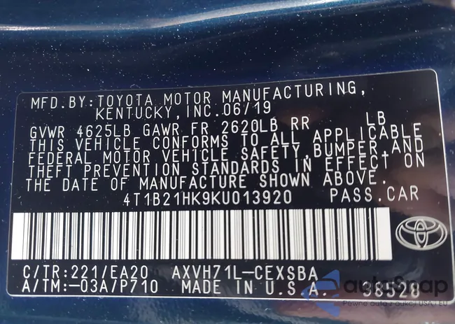 4T1B21HK9KU013920: 43606455