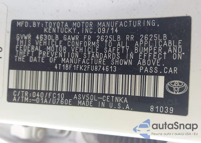 4T1BF1FK2FU874613: 43607405