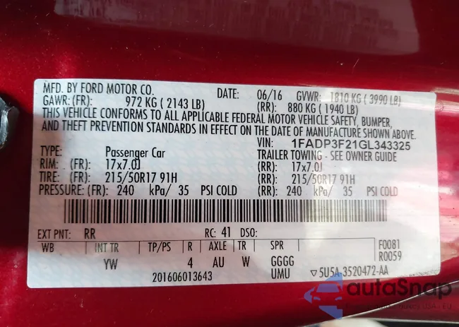 1FADP3F21GL343325: 43607082