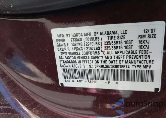 5FNRL38708B018674: 43607967