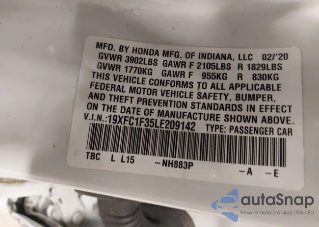 19XFC1F35LE209142: 43611593