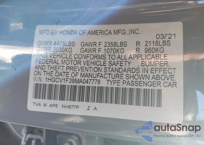 1HGCV1F39MA047776: 43611622