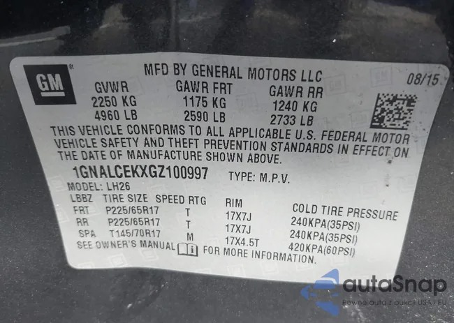 1GNALCEKXGZ100997: 43611216