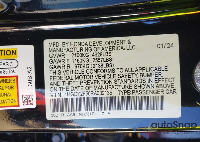 1HGCY2F50RA039135: 43612717