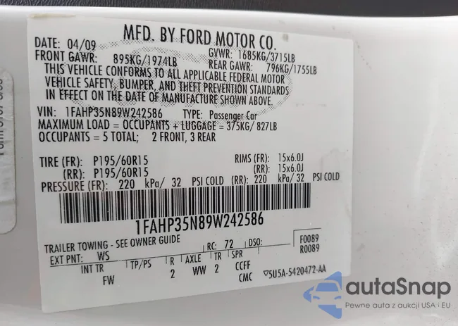 1FAHP35N89W242586: 43612137