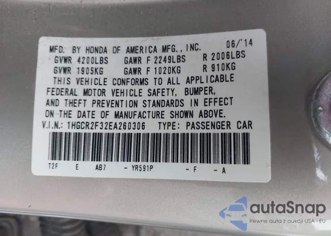 1HGCR2F32EA260306: 43614682