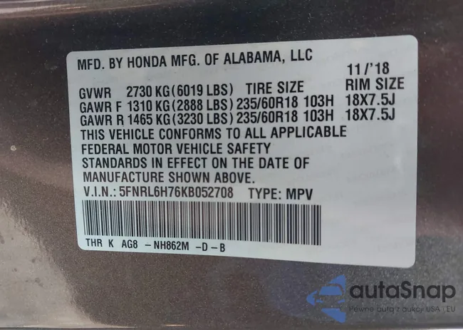 5FNRL6H76KB052708: 43613902