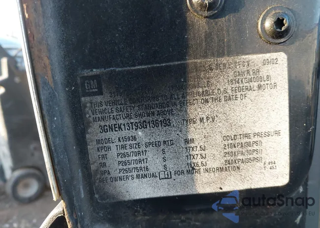 3GNEK13T93G136193: 43615298