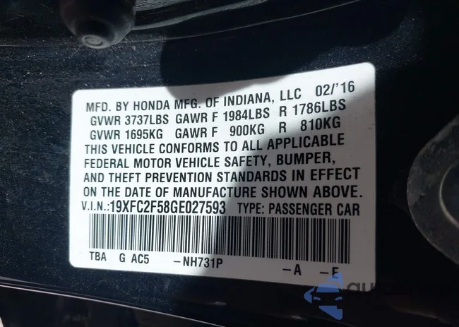 19XFC2F58GE027593: 43615273