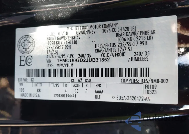 1FMCU0GD2JUB31852: 43617817