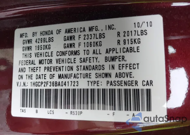 1HGCP2F36BA041723: 43616992