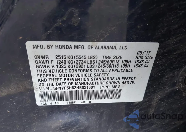 5FNYF5H62HB021601: 43617036