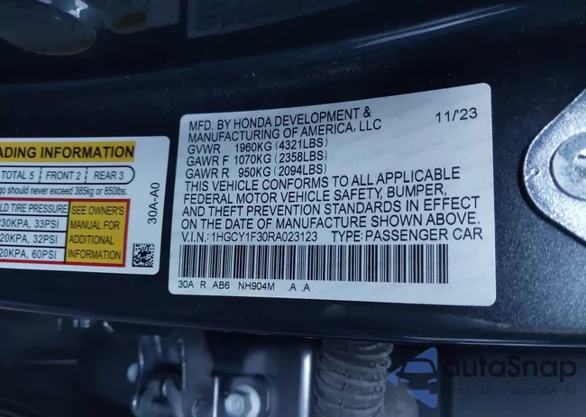 1HGCY1F30RA023123: 43619725