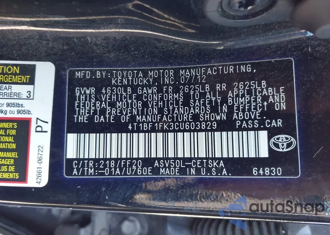 4T1BF1FK3CU603829: 43619925