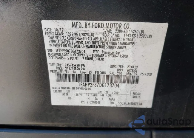 1FAHP2F87DG173704: 43621625