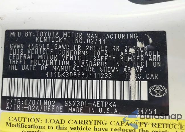 4T1BK3DB6BU411233: 43621674