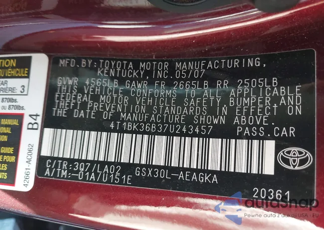 4T1BK36B37U243457: 43621186