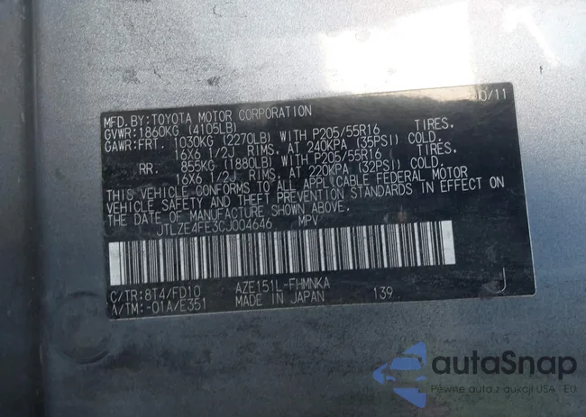 JTLZE4FE3CJ004646: 43622826