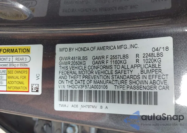 1HGCV3F57JA003106: 43622151