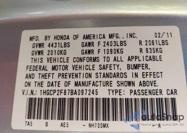 1HGCP2F87BA097245: 43625570