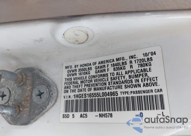 1HGES16555L004965: 43625261