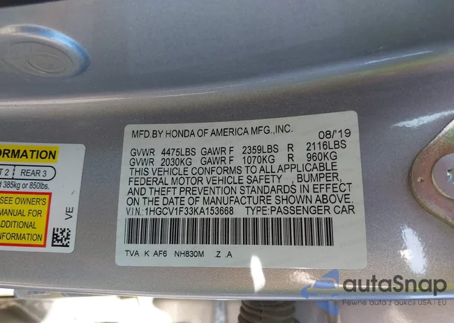 1HGCV1F33KA153668: 43625944