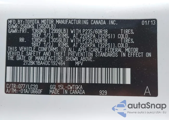 2T2BK1BA4DC192464: 43626923