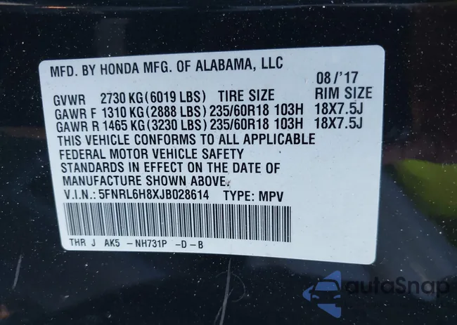 5FNRL6H8XJB028614: 43627180