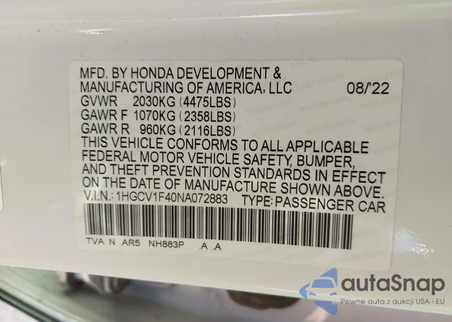 1HGCV1F40NA072883: 43628471