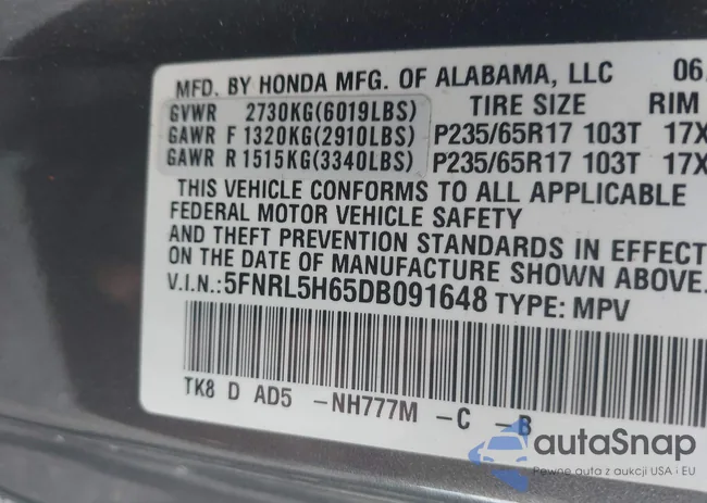 5FNRL5H65DB091648: 43628655