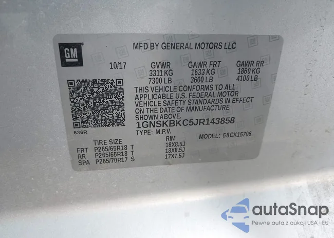 1GNSKBKC5JR143858: 43630221