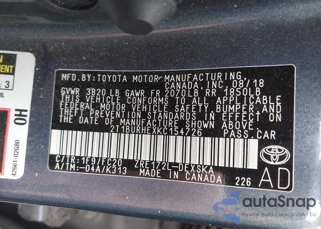 2T1BURHEXKC154726: 43631625