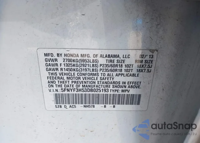 5FNYF3H53DB025193: 43630896