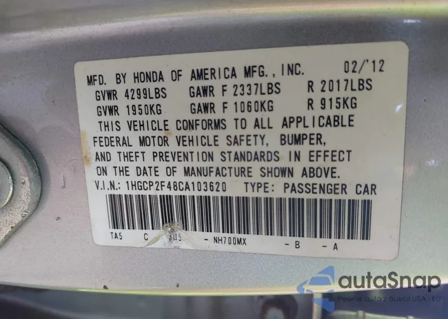 1HGCP2F48CA103620: 43632441