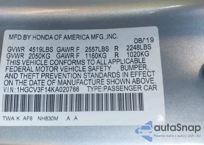 1HGCV3F14KA020766: 43632517