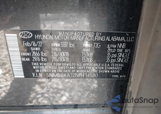 5NMS64AJ2NH434580: 43632068