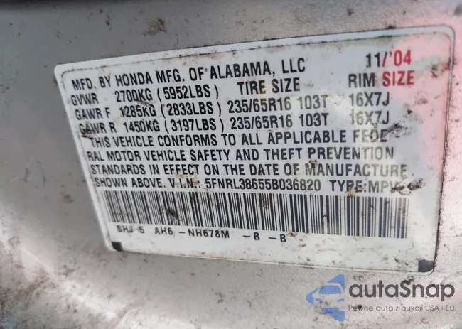 5FNRL38655B036820: 43633450