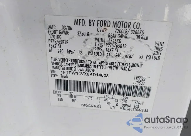 1FTPW14VX6KD14633: 43634069