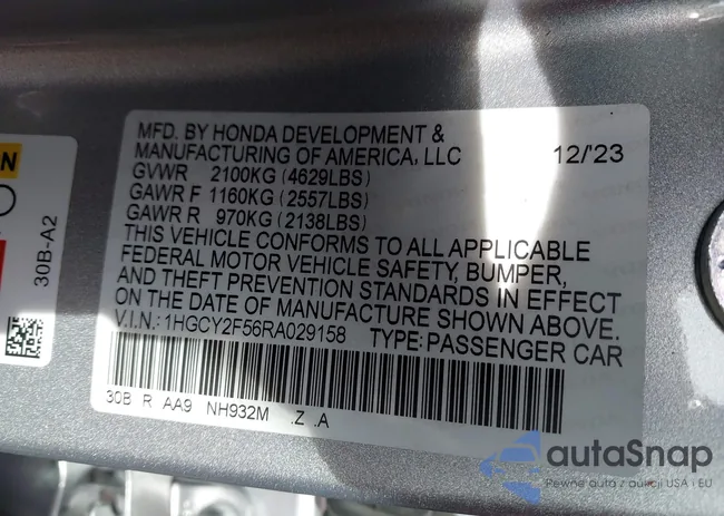 1HGCY2F56RA029158: 43640826