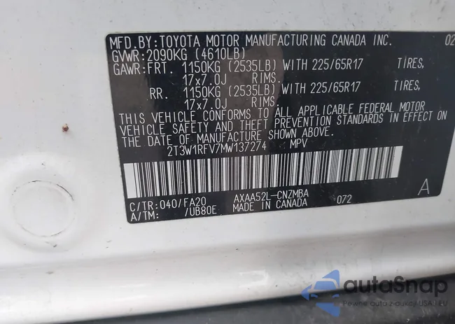 2T3W1RFV7MW137274: 43641568