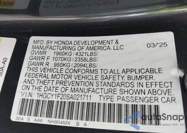 1HGCY1F20SA021711: 43642188