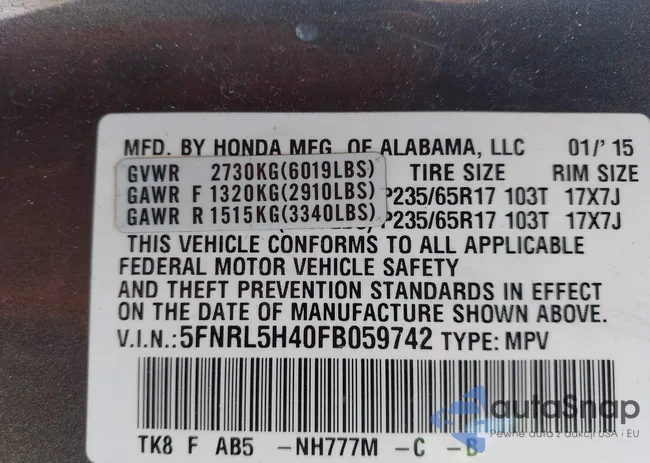 5FNRL5H40FB059742: 43645221